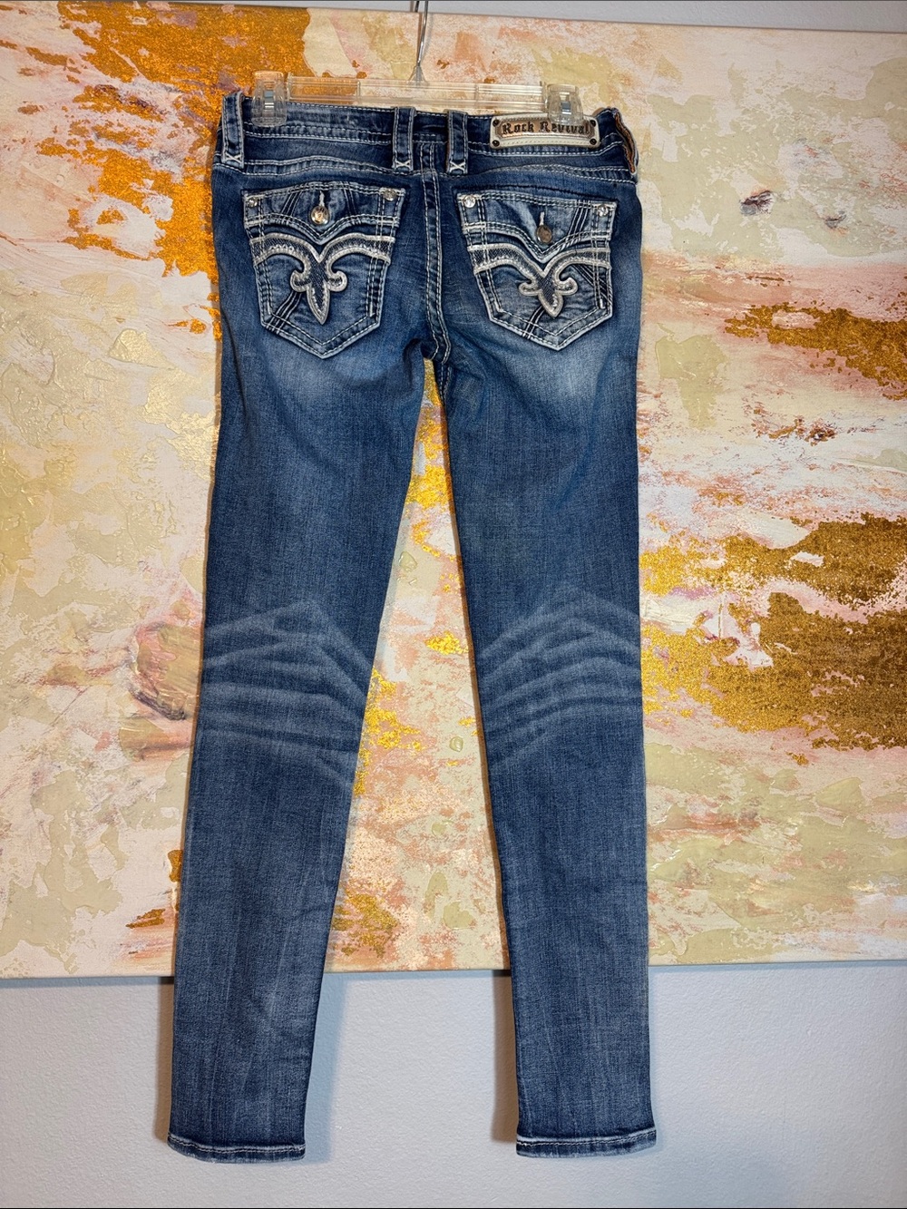 Rock Revival Hadley Womens Blue Embroidered Pocket Ankle Skinny Jeans size 26